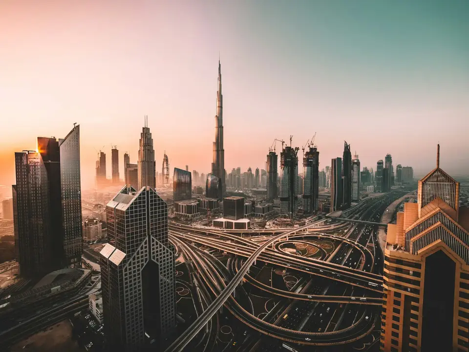 Dubai skyline with Burj Khalifa at sunset